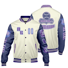 Maßgeschneiderte Lila Blau Letterman Varsity Jacket Individuelle Stickerei  Druck nach Ihrem Wunsch
