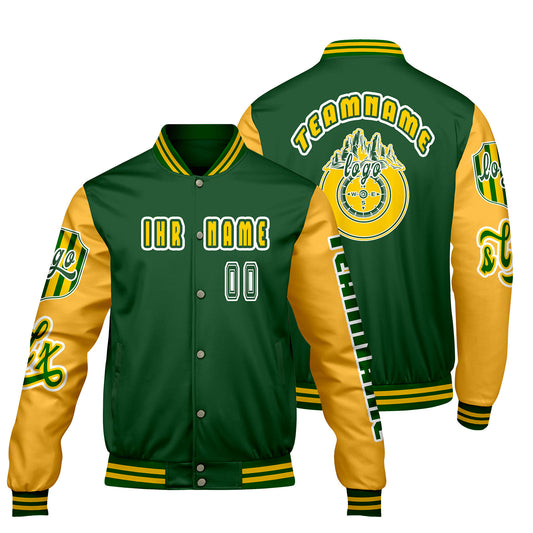 Maßgeschneiderte Grün Gelb Letterman Varsity Jacket Individuelle Stickerei  Druck nach Ihrem Wunsch