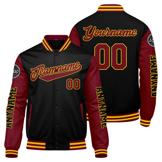 Maßgeschneiderte Crimson Schwarz Gelb Letterman Varsity Jacket Individuelle Stickerei Druck nach Ihrem Wunsch