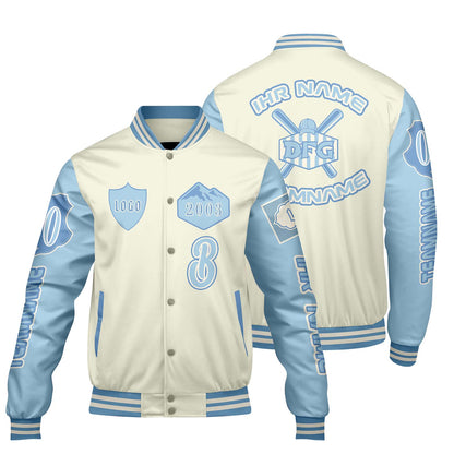 Maßgeschneiderte Weiß Blau Letterman Varsity Jacket Individuelle Stickerei  Druck nach Ihrem Wunsch
