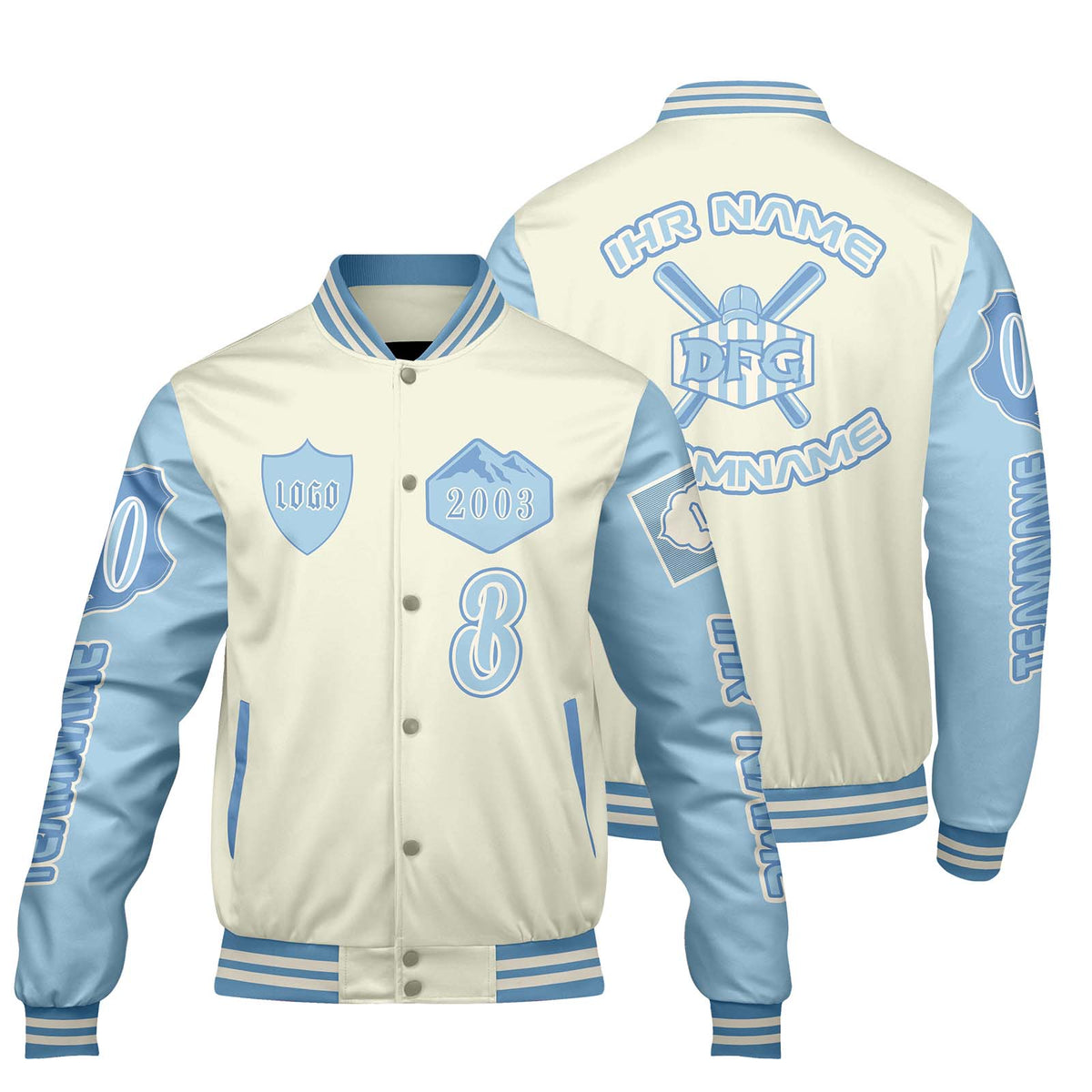 Maßgeschneiderte Weiß Blau Letterman Varsity Jacket Individuelle Stickerei  Druck nach Ihrem Wunsch