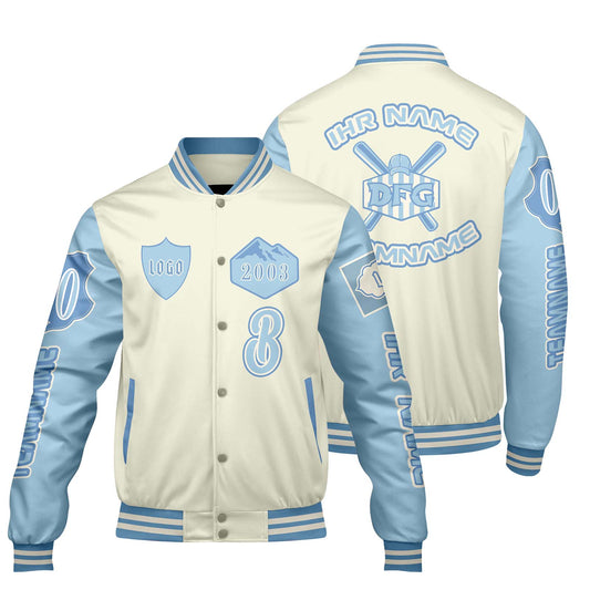 Maßgeschneiderte Weiß Blau Letterman Varsity Jacket Individuelle Stickerei  Druck nach Ihrem Wunsch