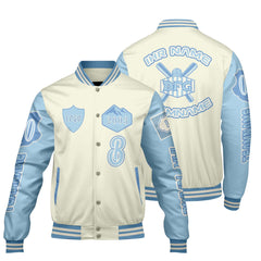 Maßgeschneiderte Weiß Blau Letterman Varsity Jacket Individuelle Stickerei  Druck nach Ihrem Wunsch