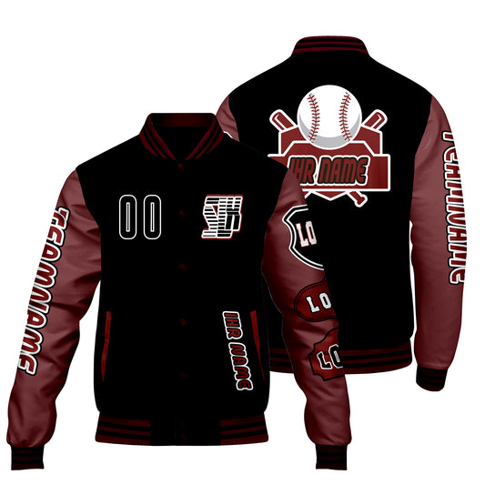 Maßgeschneiderte Schwarz Rot Letterman Varsity Jacket Individuelle Stickerei  Druck nach Ihrem Wunsch