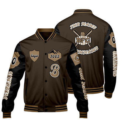 Maßgeschneiderte Braun Schwarz Letterman Varsity Jacket Individuelle Stickerei  Druck nach Ihrem Wunsch