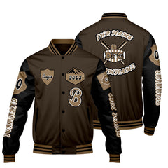 Maßgeschneiderte Braun Schwarz Letterman Varsity Jacket Individuelle Stickerei  Druck nach Ihrem Wunsch