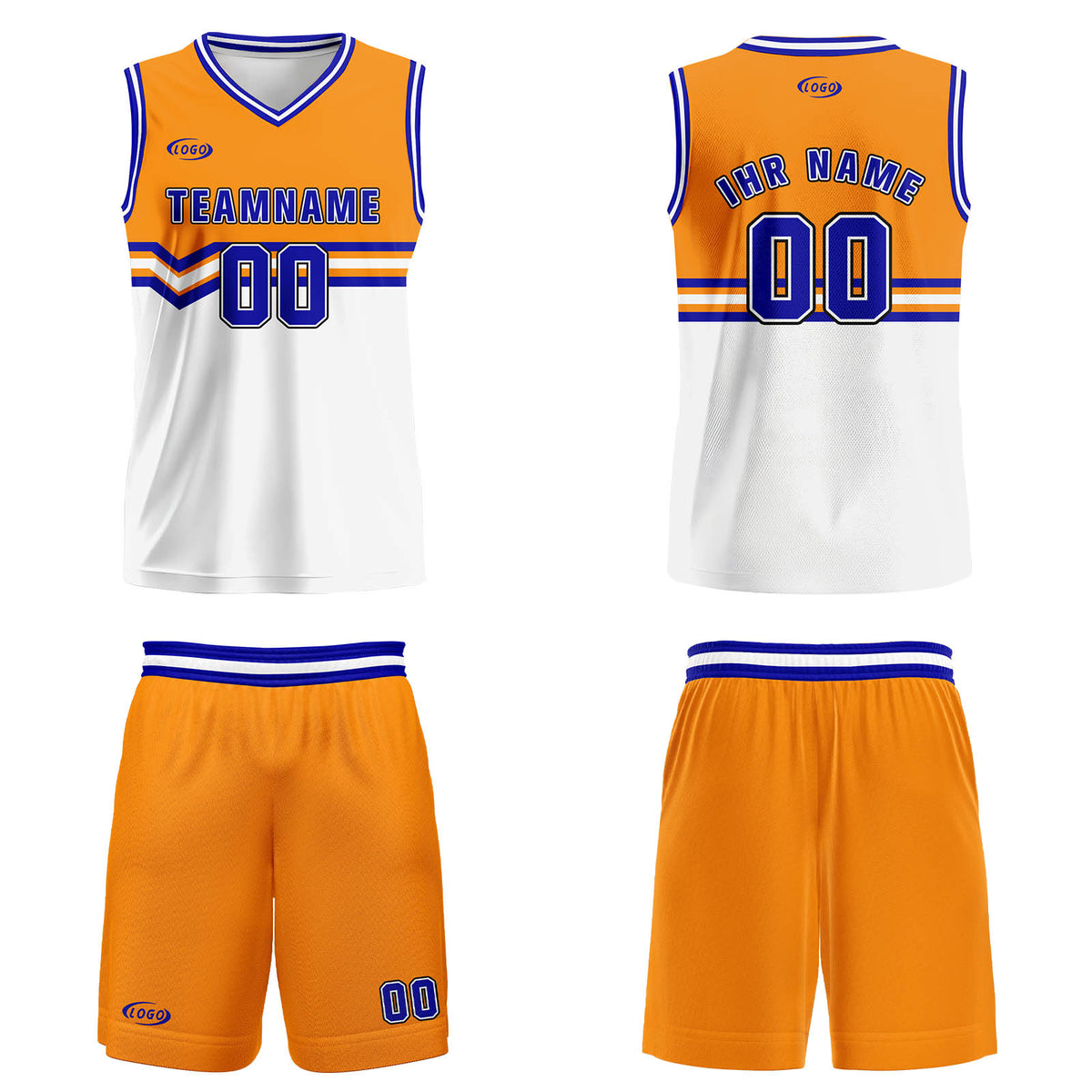 Benutzerdefinierter Orange Weiß Blau Basketball Jersey Uniform Anzug gedruckt Ihr Logo Name Nummer