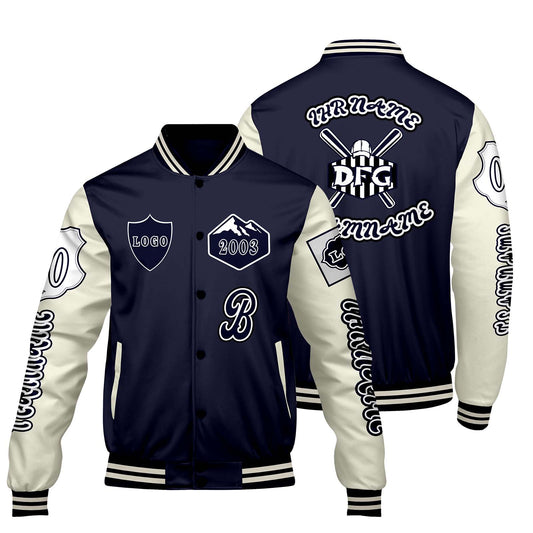 Maßgeschneiderte Marine Weiß Letterman Varsity Jacket Individuelle Stickerei  Druck nach Ihrem Wunsch