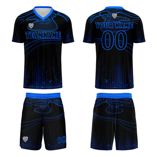 Benutzerdefinierte Schwarz Blau Trikots für Männer Frauen Personalisierte Fußball Uniformen für Erwachsene und Kind