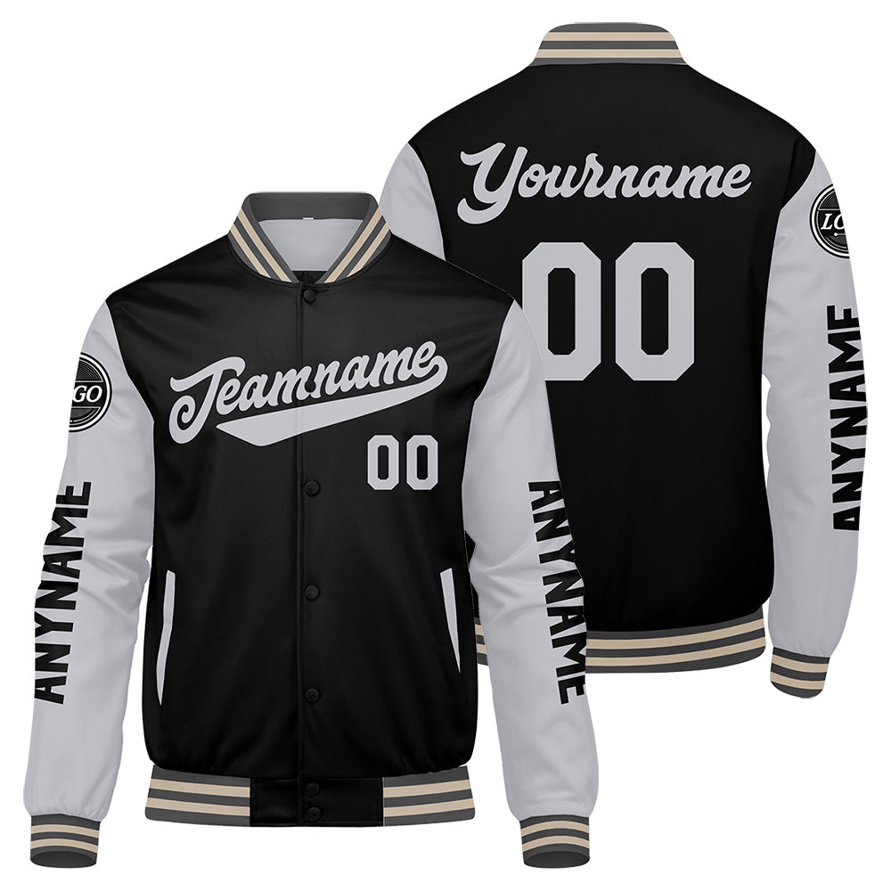 Maßgeschneiderte Grau Schwarz Creme Letterman Varsity Jacket Individuelle Stickerei Druck nach Ihrem Wunsch