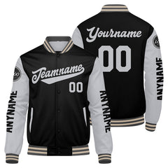 Maßgeschneiderte Grau Schwarz Creme Letterman Varsity Jacket Individuelle Stickerei Druck nach Ihrem Wunsch