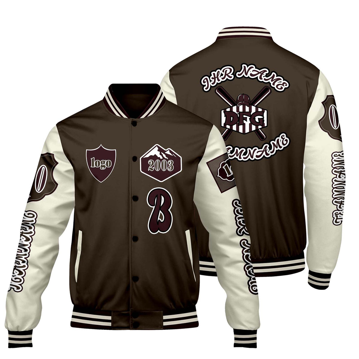 Maßgeschneiderte Braun Weiß Letterman Varsity Jacket Individuelle Stickerei  Druck nach Ihrem Wunsch