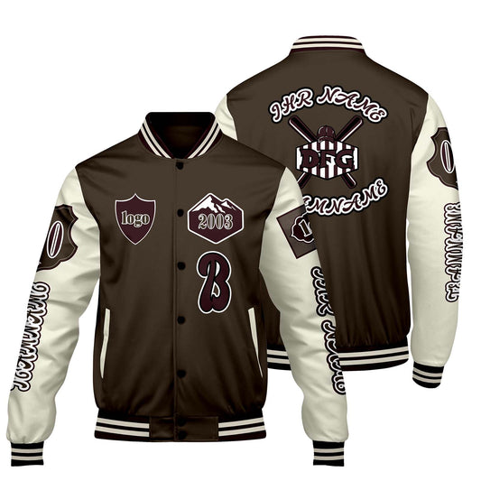 Maßgeschneiderte Braun Weiß Letterman Varsity Jacket Individuelle Stickerei  Druck nach Ihrem Wunsch