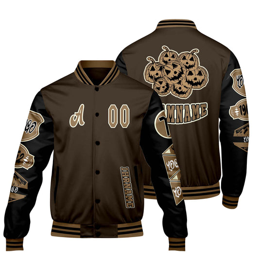 Maßgeschneiderte Braun Schwarz Letterman Varsity Jacket Individuelle Stickerei  Druck nach Ihrem Wunsch