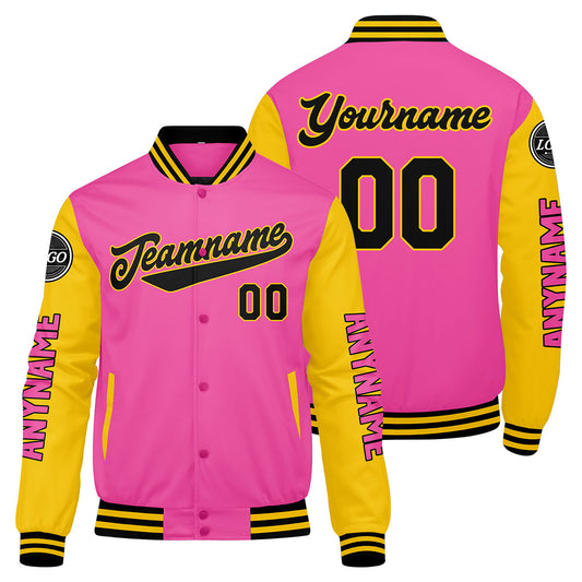Maßgeschneiderte Rosa Gelb Schwarz Letterman Varsity Jacket Individuelle Stickerei Druck nach Ihrem Wunsch
