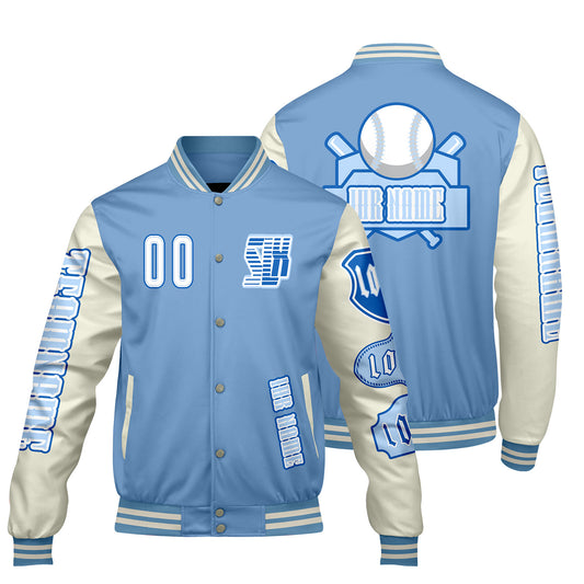 Maßgeschneiderte Blau Weiß Letterman Varsity Jacket Individuelle Stickerei  Druck nach Ihrem Wunsch