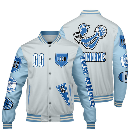 Maßgeschneiderte Grau Löwenblau Letterman Varsity Jacket Individuelle Stickerei  Druck nach Ihrem Wunsch