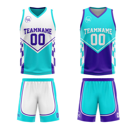 Benutzerdefinierte Hellblau Lila Reversible Basketball Jersey Personalisierte Drucken Name Nummer Logo