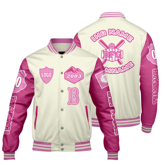 Maßgeschneiderte Weiß Rosa Letterman Varsity Jacket Individuelle Stickerei  Druck nach Ihrem Wunsch