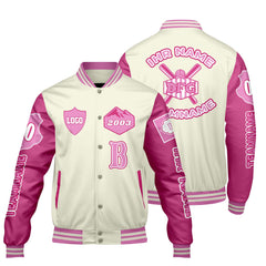 Maßgeschneiderte Weiß Rosa Letterman Varsity Jacket Individuelle Stickerei  Druck nach Ihrem Wunsch