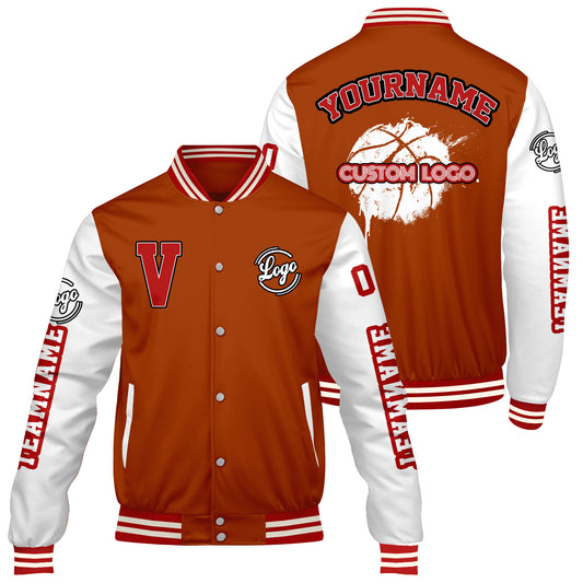 Maßgeschneiderte Orange Weiß Letterman Varsity Jacket Individuelle Stickerei Druck nach Ihrem Wunsch