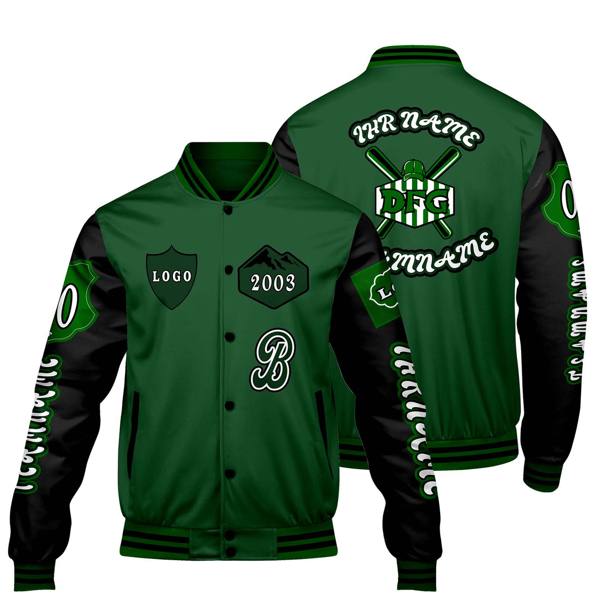 Maßgeschneiderte Grün Schwarz Letterman Varsity Jacket Individuelle Stickerei  Druck nach Ihrem Wunsch