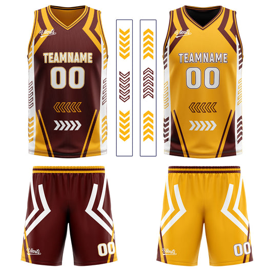 Benutzerdefinierte Braun Gelb Reversible Basketball Jersey Personalisierte Drucken Name Nummer Logo