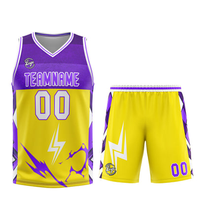 Benutzerdefinierter Gelb Lila Basketball Jersey Uniform Anzug gedruckt Ihr Logo Name Nummer