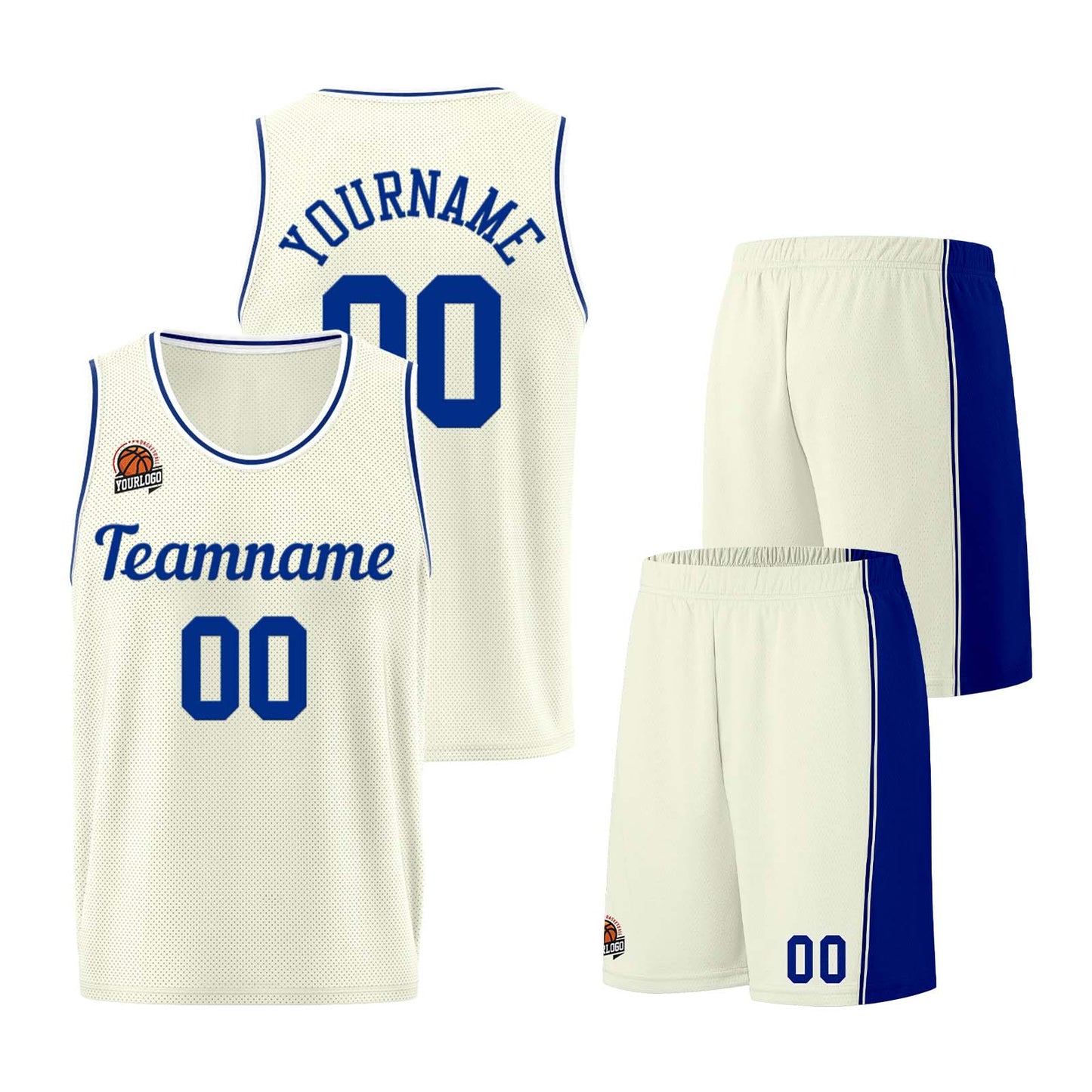 Individuelle Creme-Königliche Basketball Jersey Shorts für Männer und Frauen Gestickter und gedruckter Name, Nummer und Logo