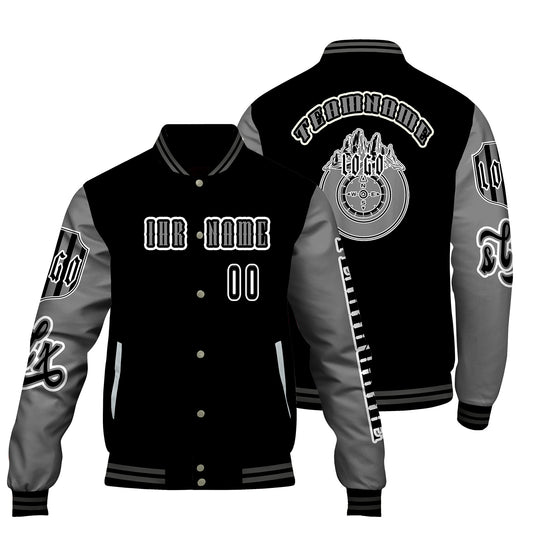 Maßgeschneiderte Schwarz Grau Letterman Varsity Jacket Individuelle Stickerei  Druck nach Ihrem Wunsch