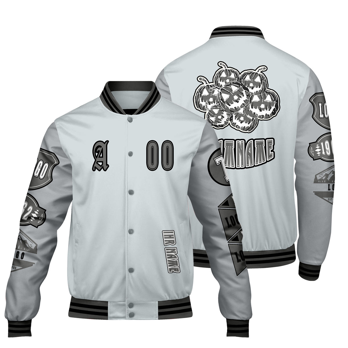 Maßgeschneiderte Grau Letterman Varsity Jacket Individuelle Stickerei  Druck nach Ihrem Wunsch