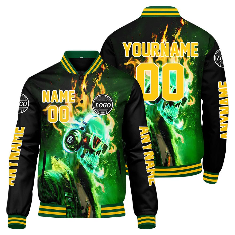 Maßgeschneiderte Grün Gelb Letterman Varsity Jacket Individuelle Stickerei Druck nach Ihrem Wunsch