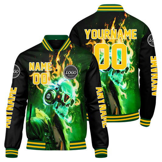 Maßgeschneiderte Grün Gelb Letterman Varsity Jacket Individuelle Stickerei Druck nach Ihrem Wunsch