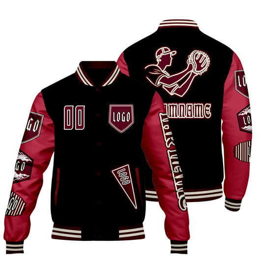 Maßgeschneiderte Schwarz Rot Letterman Varsity Jacket Individuelle Stickerei  Druck nach Ihrem Wunsch