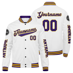 Maßgeschneiderte Lila Weiß Gelb Letterman Varsity Jacket Individuelle Stickerei Druck nach Ihrem Wunsch