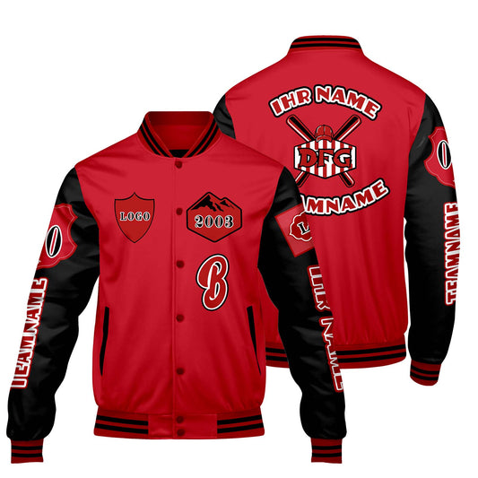 Maßgeschneiderte Rot Schwarz Letterman Varsity Jacket Individuelle Stickerei  Druck nach Ihrem Wunsch