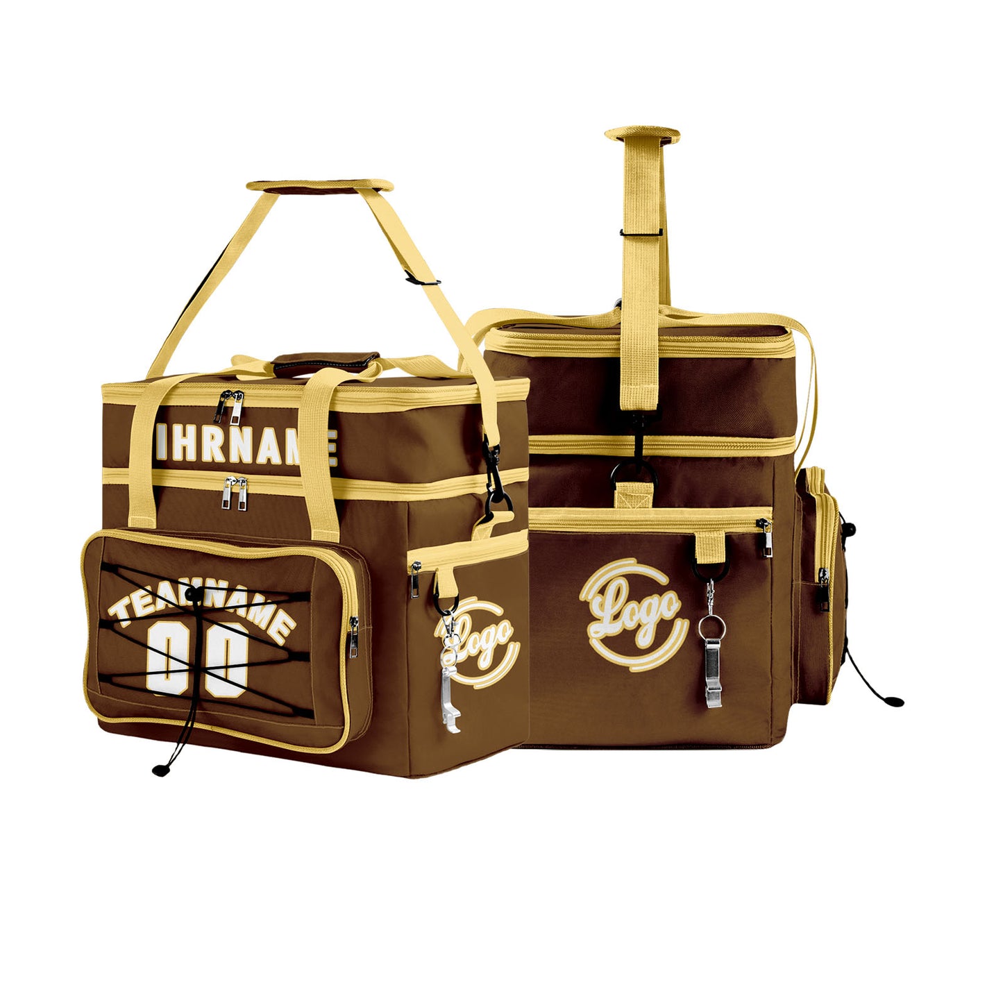 Maßgeschickerte Braun Gelb vollflächig bedruckte isolierte Kühltasche mit Doppelwand Wasserdichte 600D Oxford Picknick-Tragetasche für Teamevents & Outdoor-Grillen
