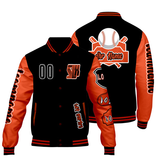 Maßgeschneiderte Schwarz Orange Letterman Varsity Jacket Individuelle Stickerei  Druck nach Ihrem Wunsch