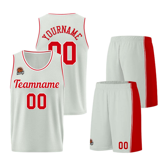 Individuelle Grau-Rot Basketball Jersey Shorts für Männer und Frauen Gestickter und gedruckter Name, Nummer und Logo