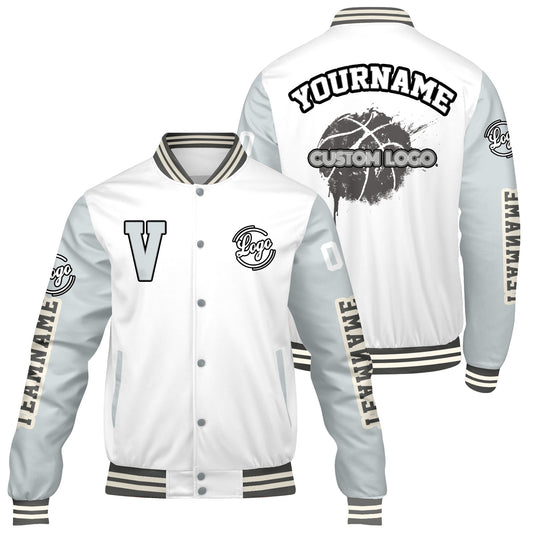Maßgeschneiderte Weiß Grau Letterman Varsity Jacket Individuelle Stickerei Druck nach Ihrem Wunsch
