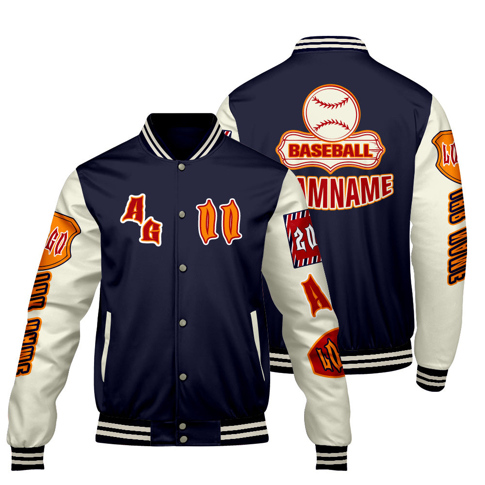 Maßgeschneiderte Marine Orange Letterman Varsity Jacket Individuelle Stickerei  Druck nach Ihrem Wunsch