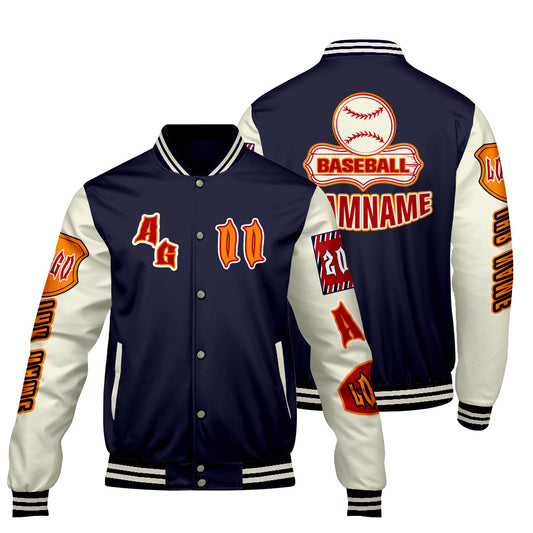 Maßgeschneiderte Marine Orange Letterman Varsity Jacket Individuelle Stickerei  Druck nach Ihrem Wunsch