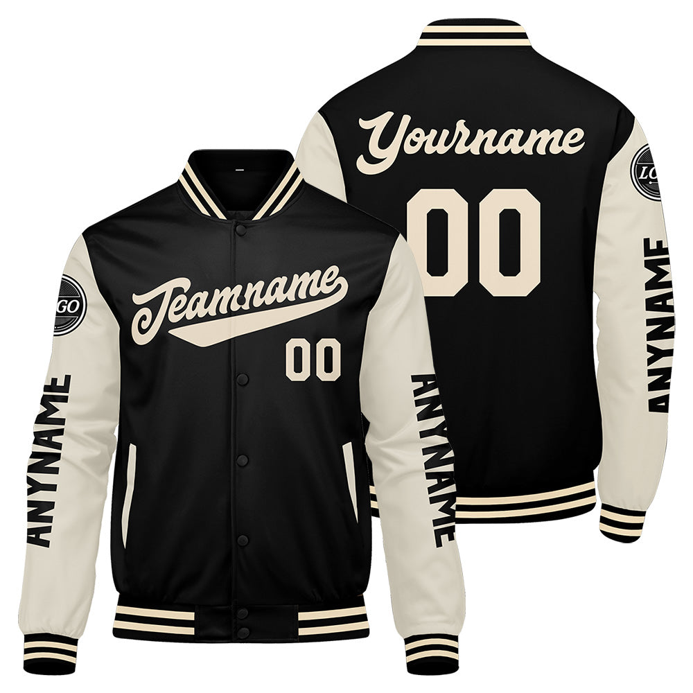 Maßgeschneiderte Schwarz Creme Letterman Varsity Jacket Individuelle Stickerei Druck nach Ihrem Wunsch