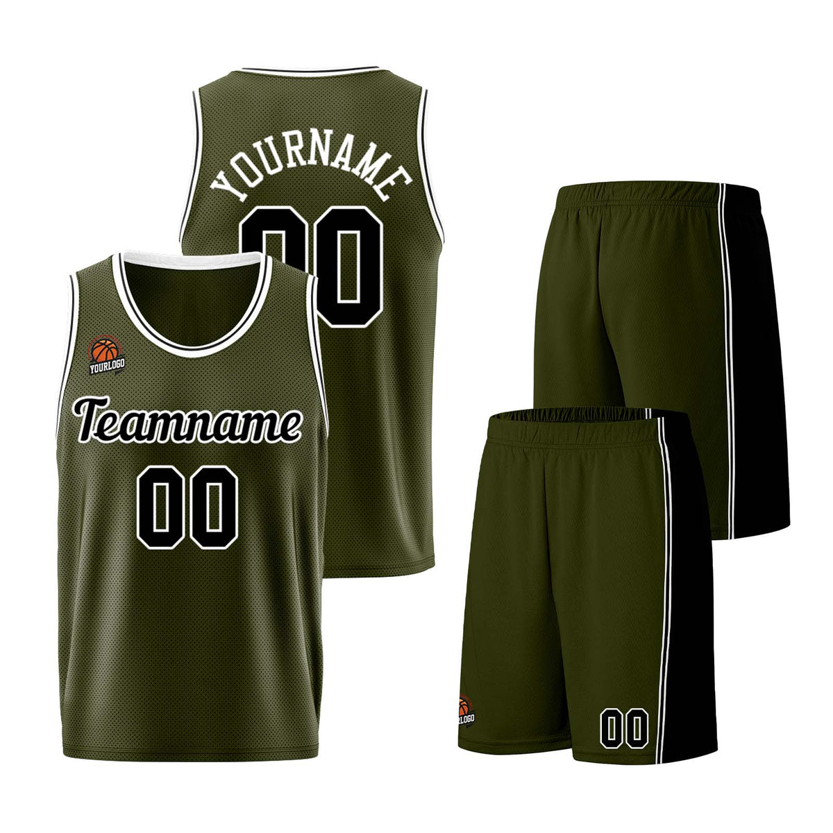 Individuelle Armeegrün-Schwarz Basketball Jersey Shorts für Männer und Frauen Gestickter und gedruckter Name, Nummer und Logo