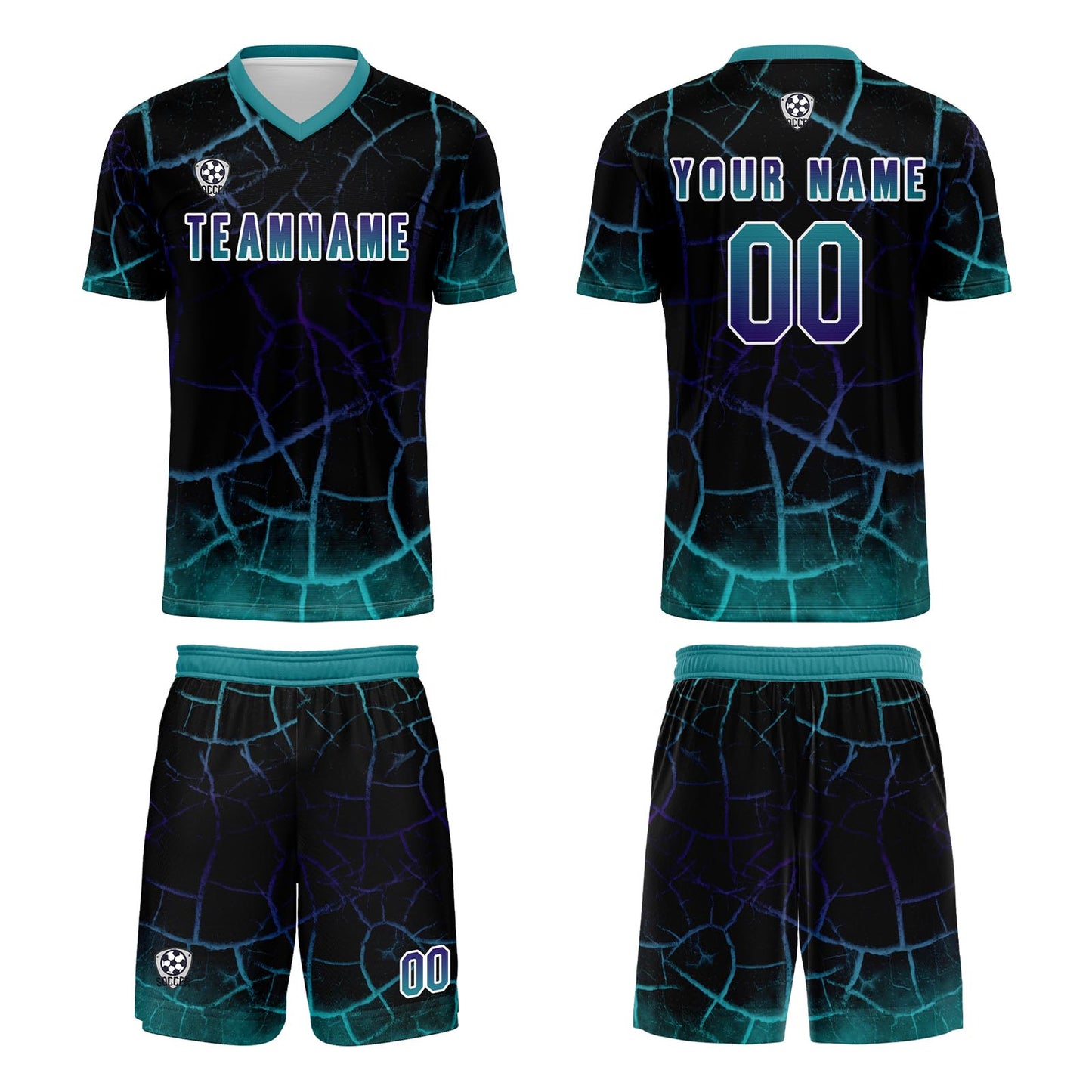 Benutzerdefinierte Schwarz Cyan Trikots für Männer Frauen Personalisierte Fußball Uniformen für Erwachsene und Kind