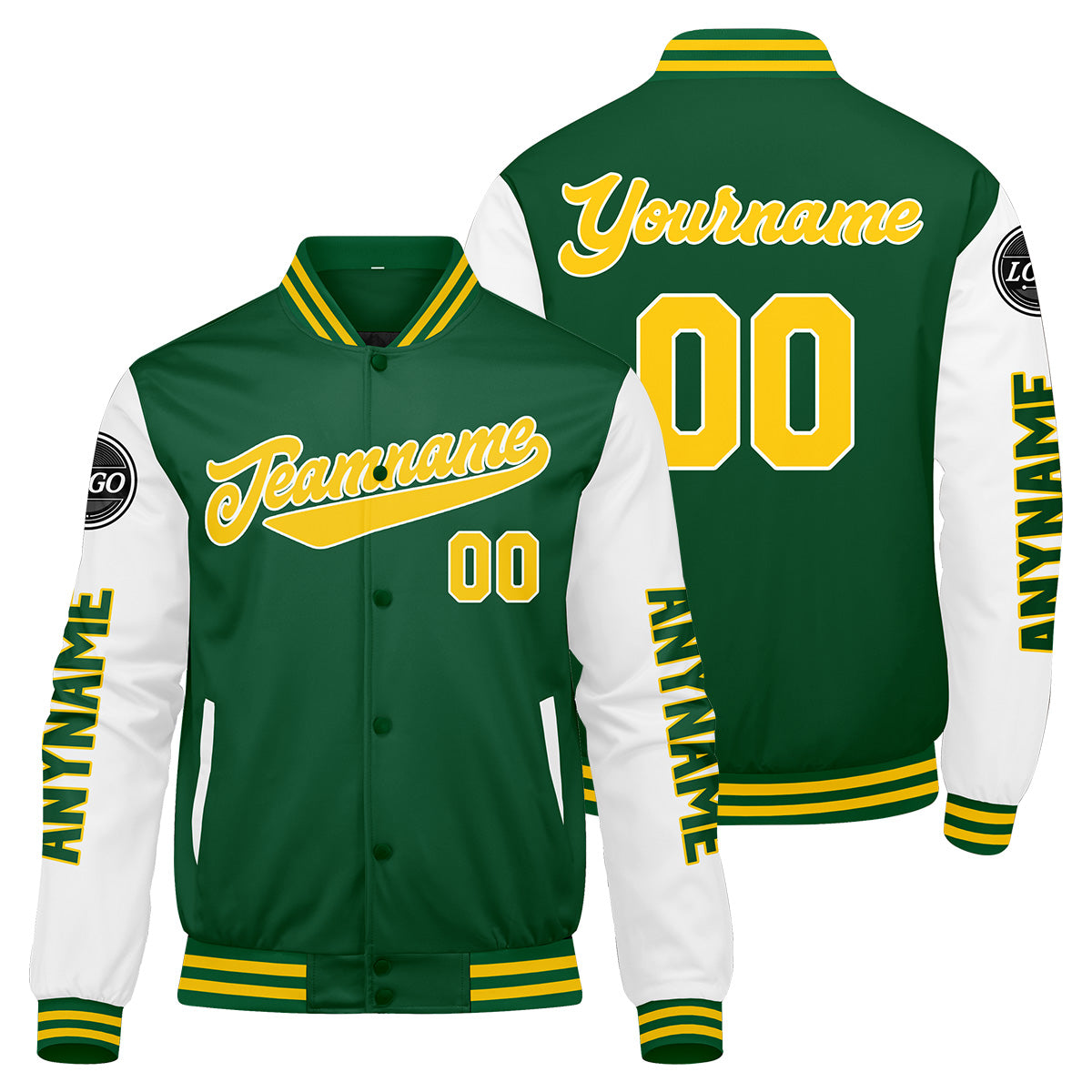 Maßgeschneiderte Grün Gelb Weiß Letterman Varsity Jacket Individuelle Stickerei Druck nach Ihrem Wunsch
