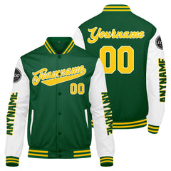Maßgeschneiderte Grün Gelb Weiß Letterman Varsity Jacket Individuelle Stickerei Druck nach Ihrem Wunsch