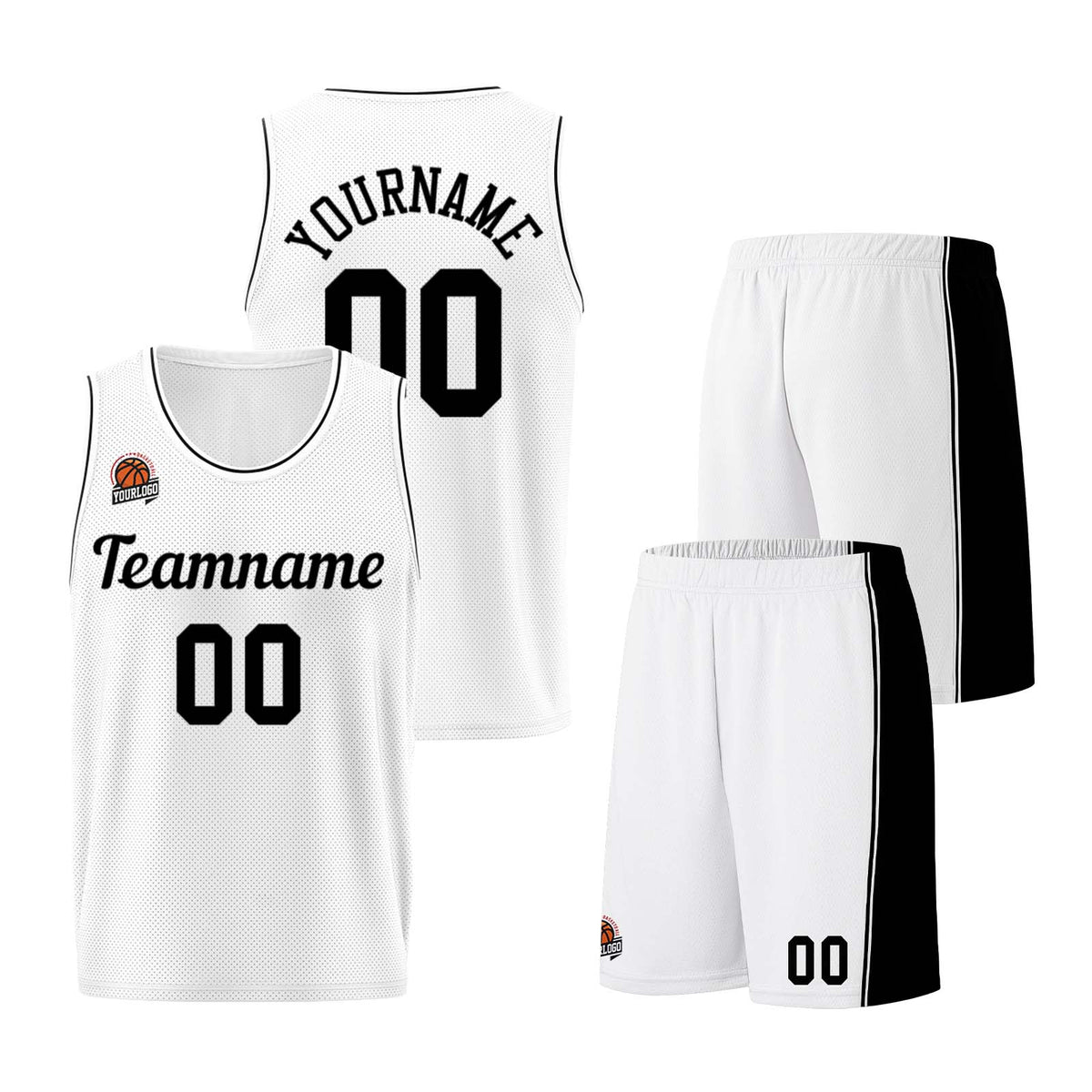Individuelle Weiß-Schwarz Basketball Jersey Shorts für Männer und Frauen Gestickter und gedruckter Name, Nummer und Logo