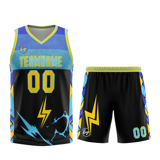 Benutzerdefinierter Schwarz Blau Gelb Basketball Jersey Uniform Anzug gedruckt Ihr Logo Name Nummer
