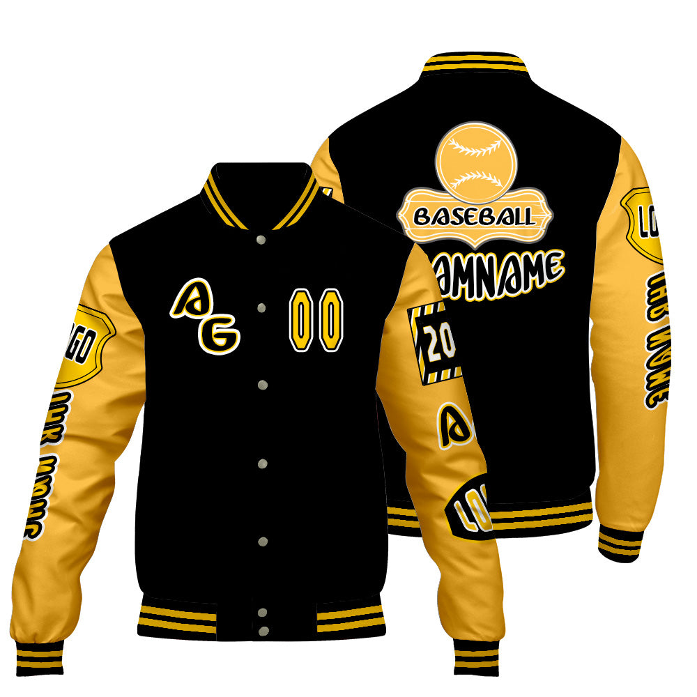 Maßgeschneiderte Schwarz Gelb Letterman Varsity Jacket Individuelle Stickerei  Druck nach Ihrem Wunsch
